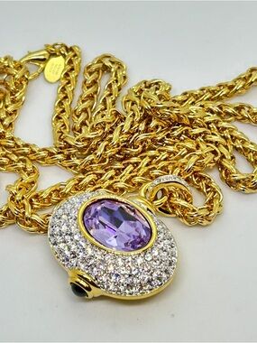 Vtg NMGold-Tone XLong  Necklace with Faux Amethyst and Crystal Pavé Pendant